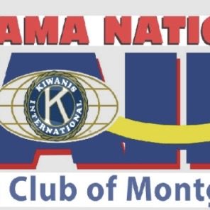 Logo for Alabama Kiwanis Club of Montgomery featuring a globe emblem with 'Kiwanis International' text and a diagonal yellow ribbon across bold blue lettering.