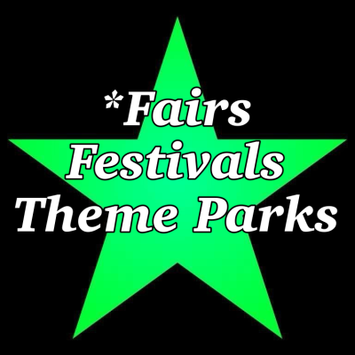 Bright green star on a black background with white italic text reading '*Fairs Festivals Theme Parks'.